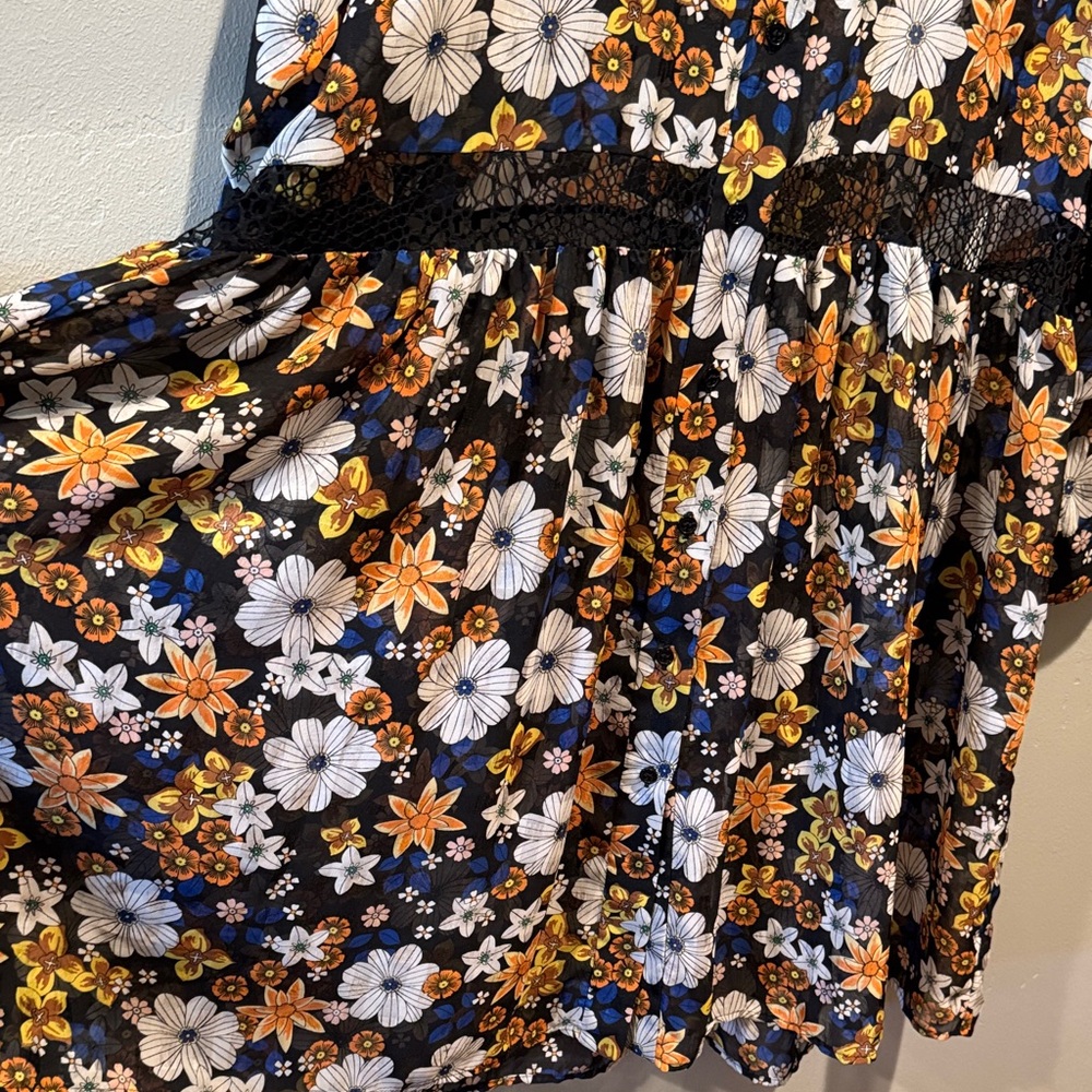 Sandro Paris Reyes Floral Button-Front Sheer Smock Dress in Black & Mustard - Picture 7 of 16